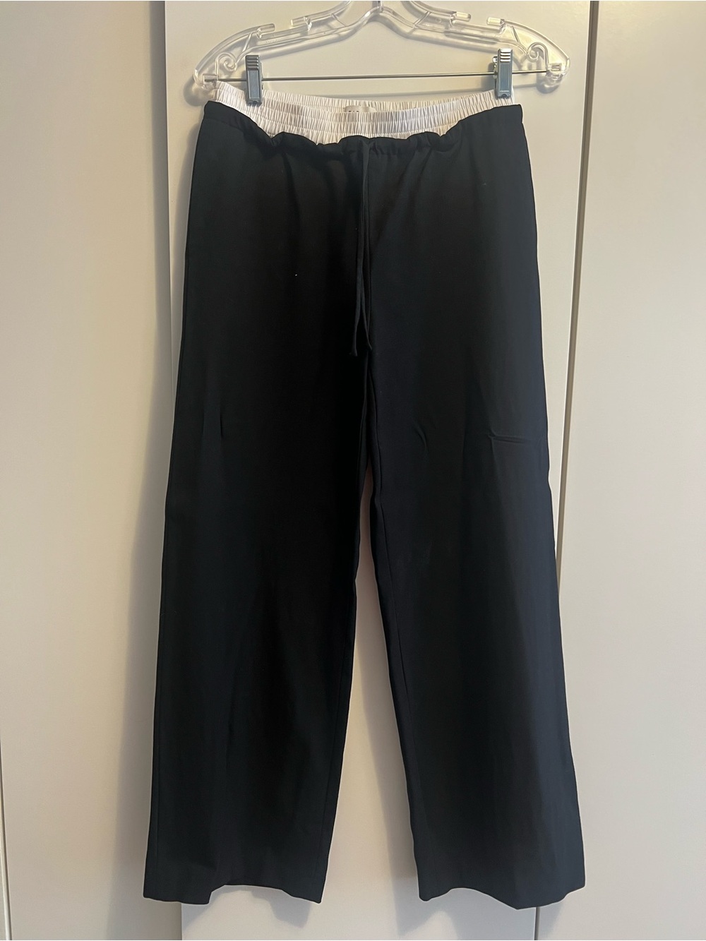 Babaton Black Wide-Leg Drawstring Pants with White Waistband
